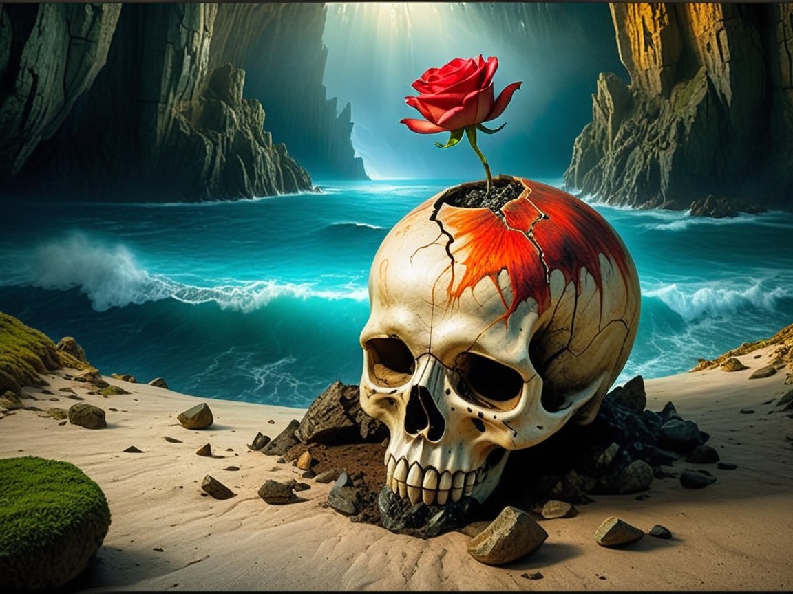 Skull with Rose on Beach Against Ocean Background