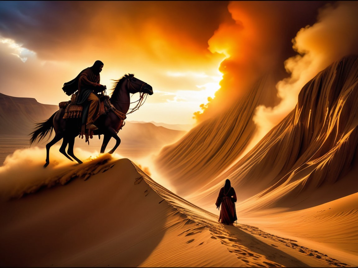Silhouette of Rider on Horse in Desert at Sunset