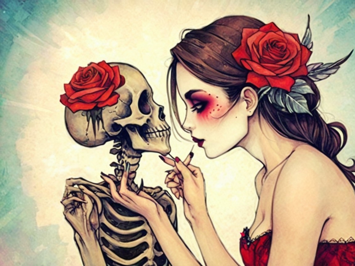 Whimsical Scene of Woman and Skeleton with Roses