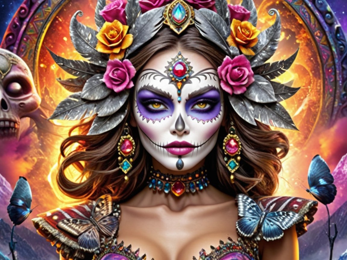 Día de los Muertos Figure with Colorful Attire and Symbols