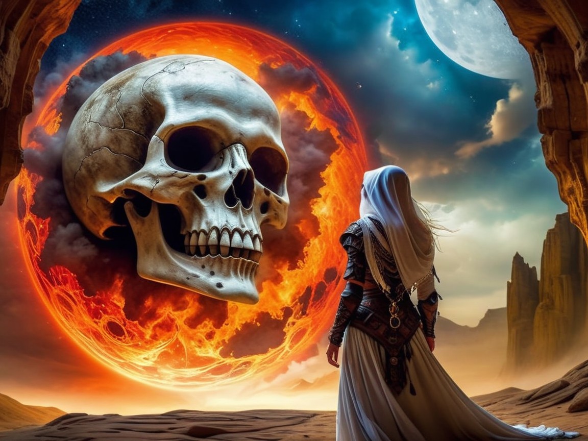 Surreal Landscape with Cloaked Figure and Glowing Skull
