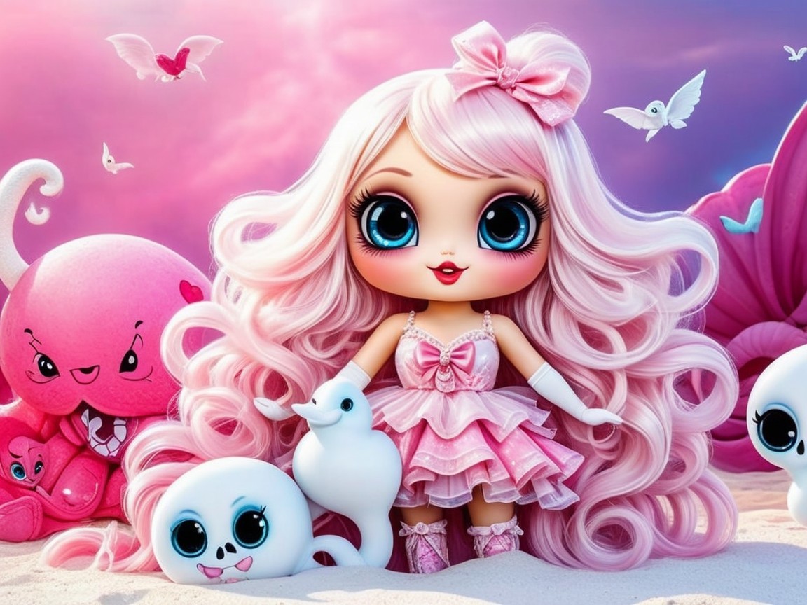 Whimsical Doll Scene on a Sandy Beach with Sea Creatures