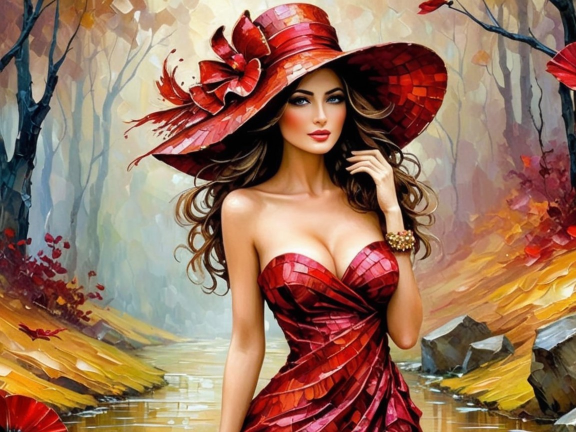 Glamorous Woman in Red Dress Against Autumn Landscape