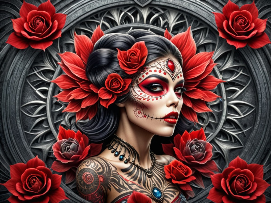 Striking Woman with Floral Face Paint and Mandala Background