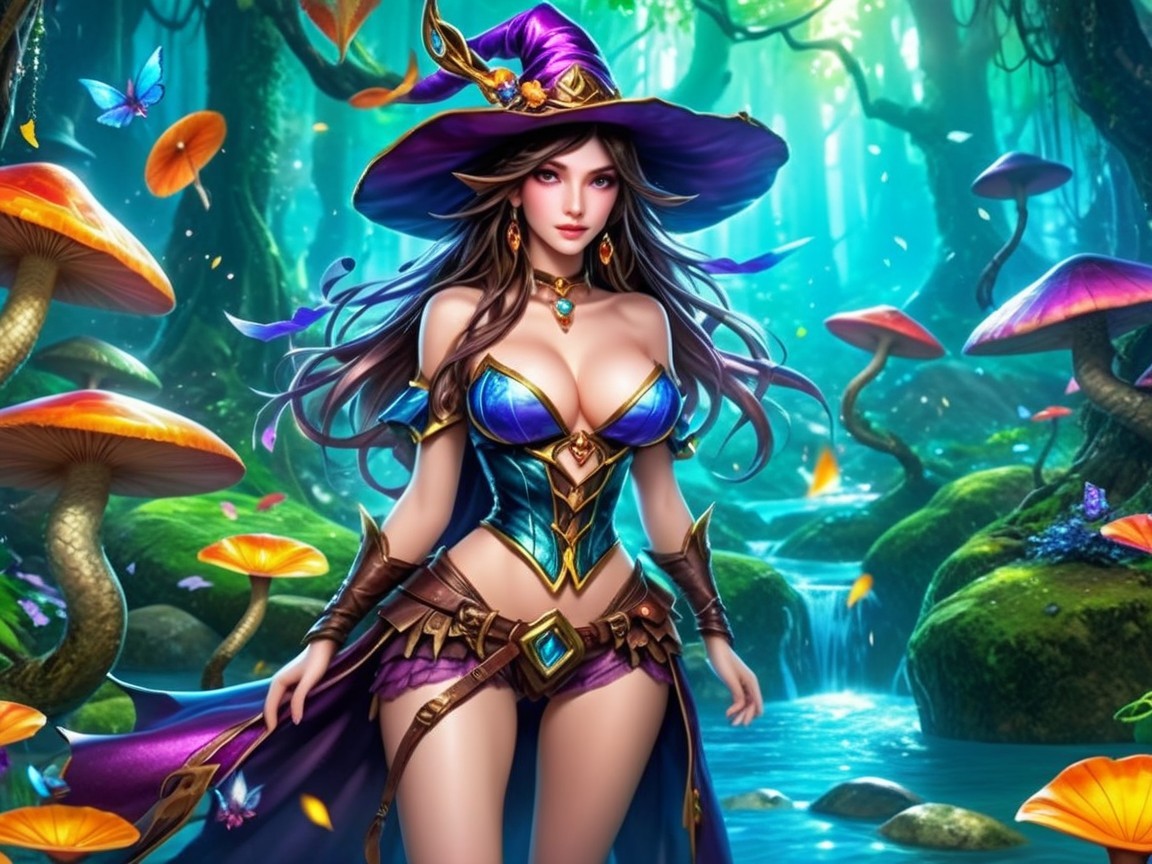 Mystical forest with a glamorous sorceress and mushrooms