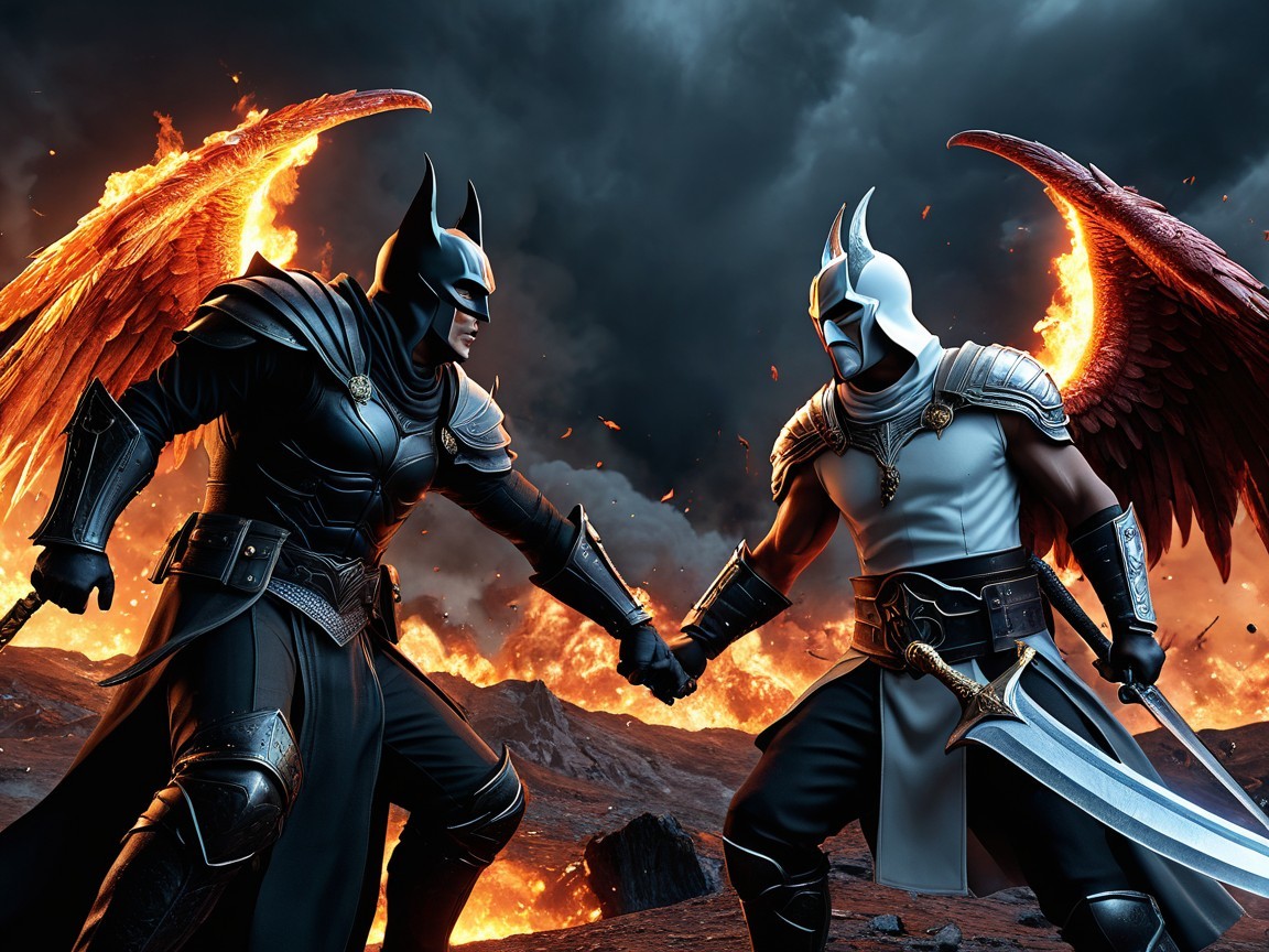 Epic Battle Between Winged Warrior and Celestial Knight