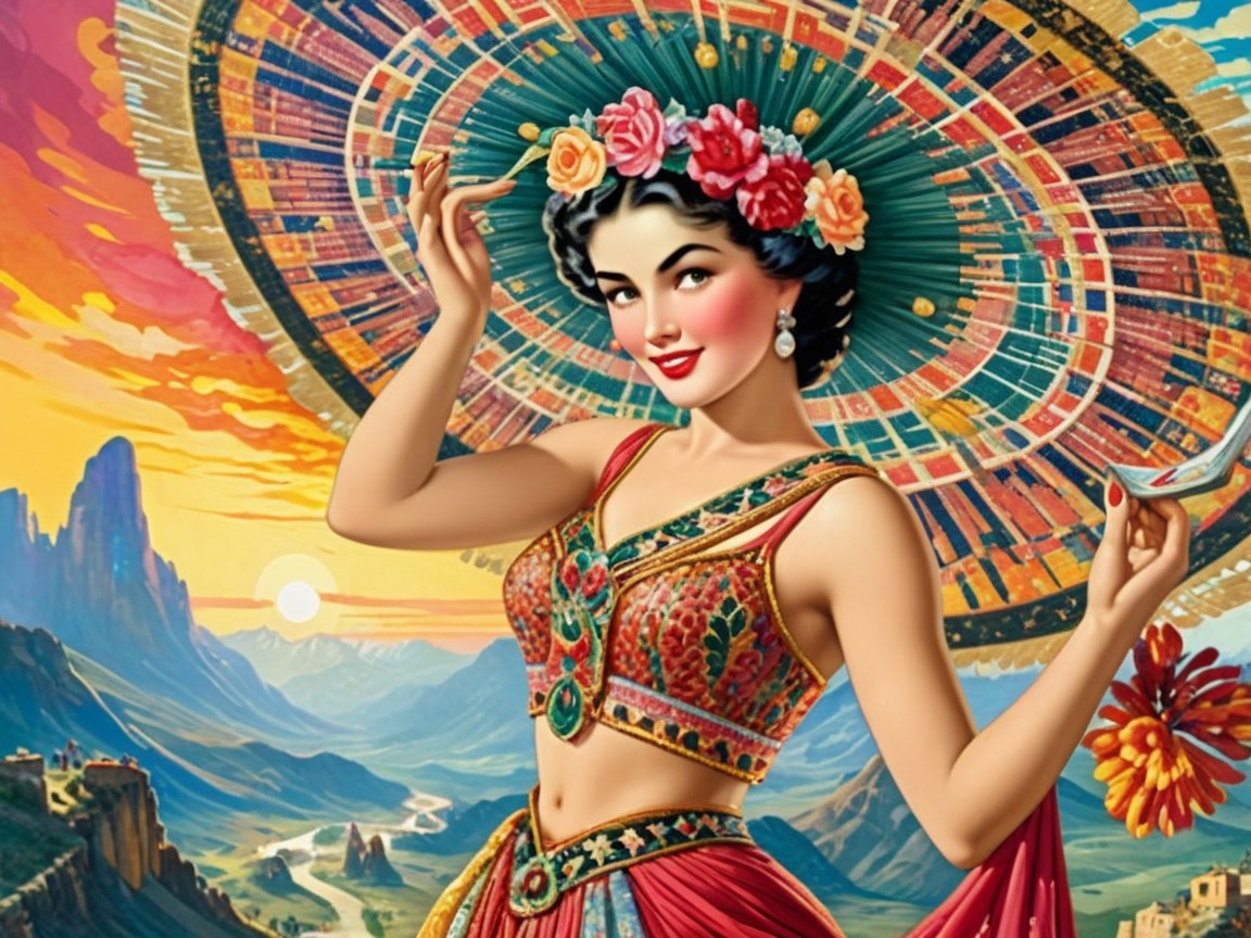 Colorful Woman in Intricate Outfit with Sombrero
