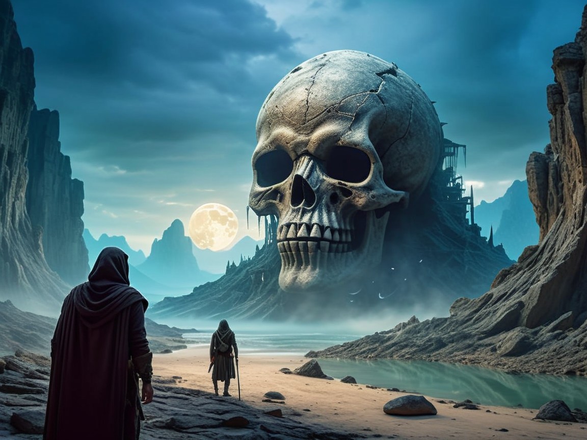 Cloaked Figures by Colossal Skull in Surreal Landscape