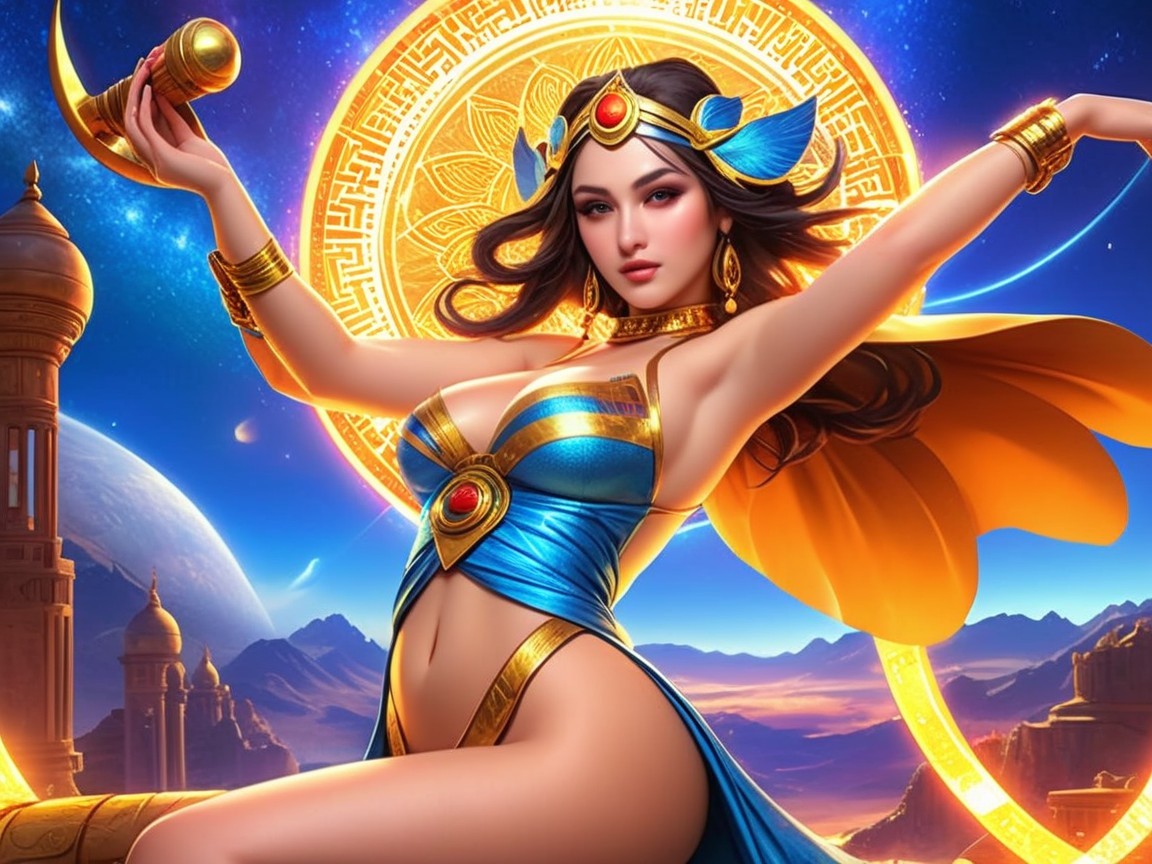 Vibrant Figure in Cosmic Setting with Mythical Elements