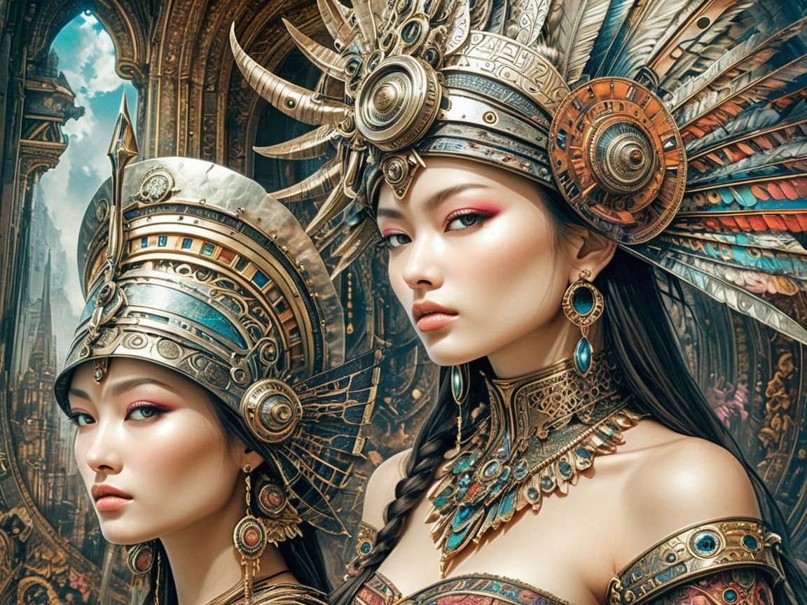 Elegantly Adorned Women in Ornate Ancient Costumes
