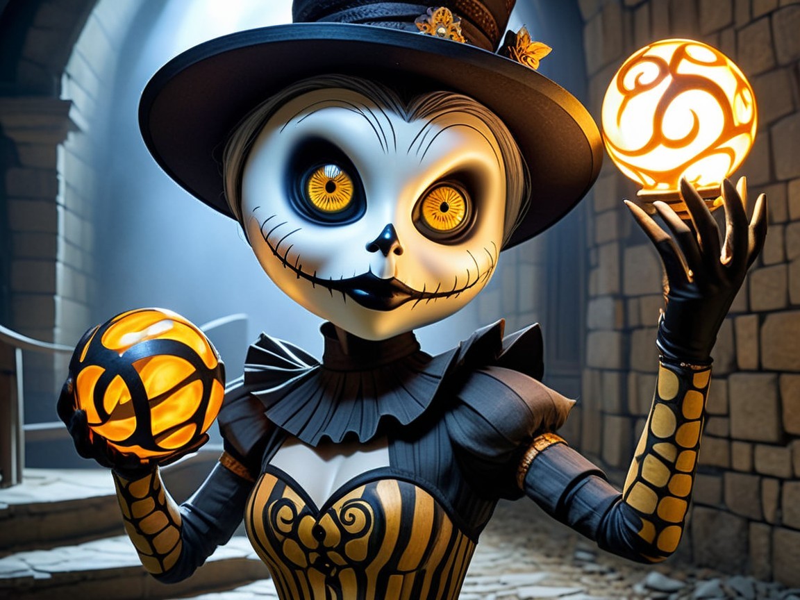 Whimsical Character in Dimly Lit Castle Setting