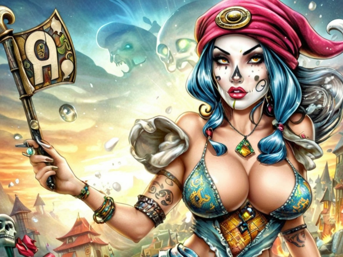 Illustration of a female character with blue hair and flag