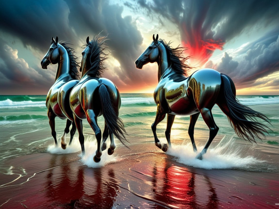 Majestic Horses Galloping on Vibrant Sunset Beach