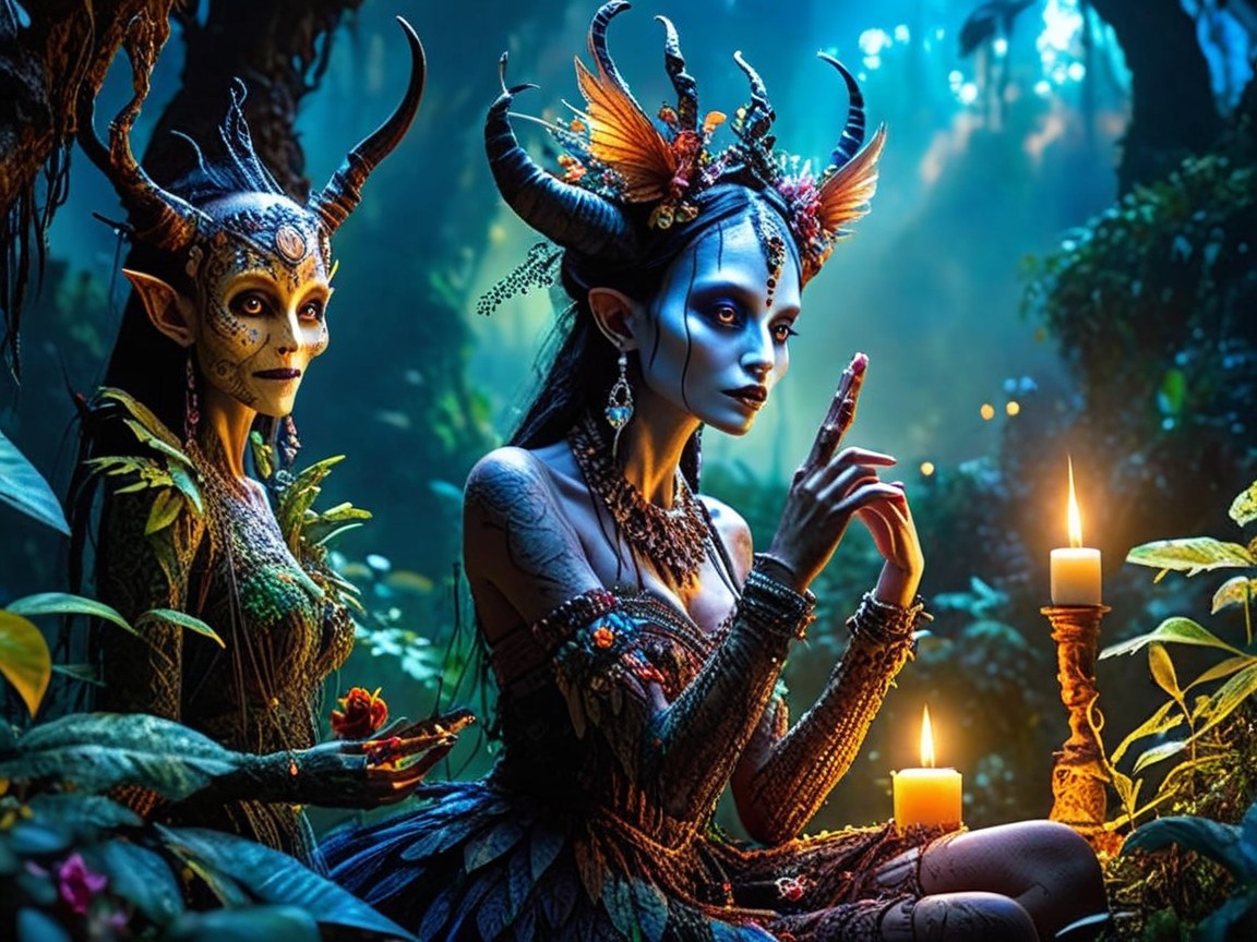 Ethereal Figures in a Mystical Forest Setting