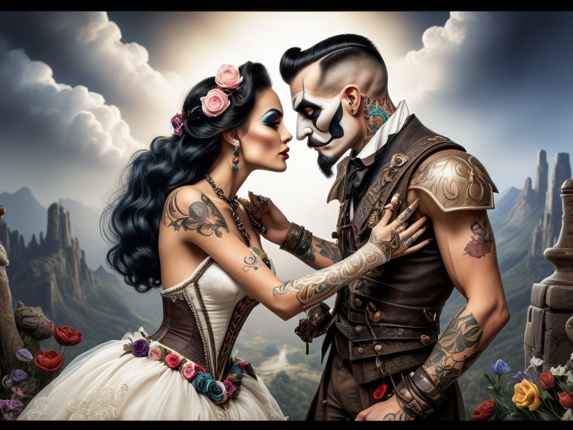 Dramatic Couple in Elaborate Attire Against Mountain Backdrop