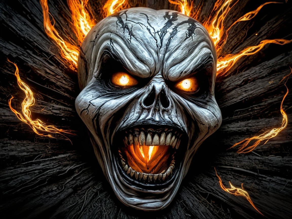 Glowing Skull with Fiery Eyes and Dark Flames