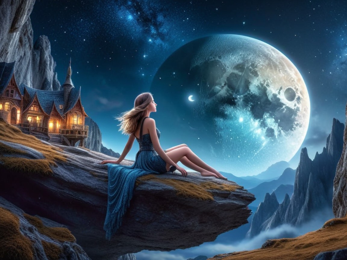 Woman in blue gown gazes at luminous moon and stars