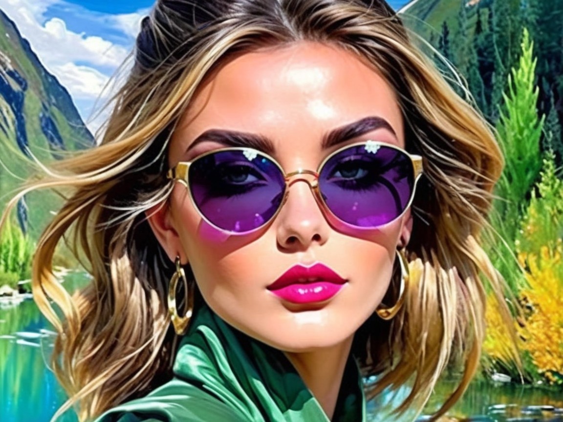 Stylish Woman in Green Outfit with Purple Sunglasses