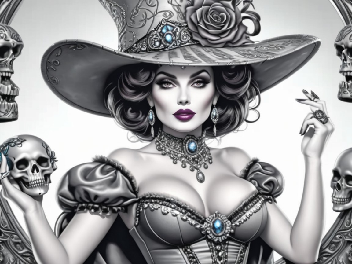 Striking Woman in Ornate Hat and Gothic Elements