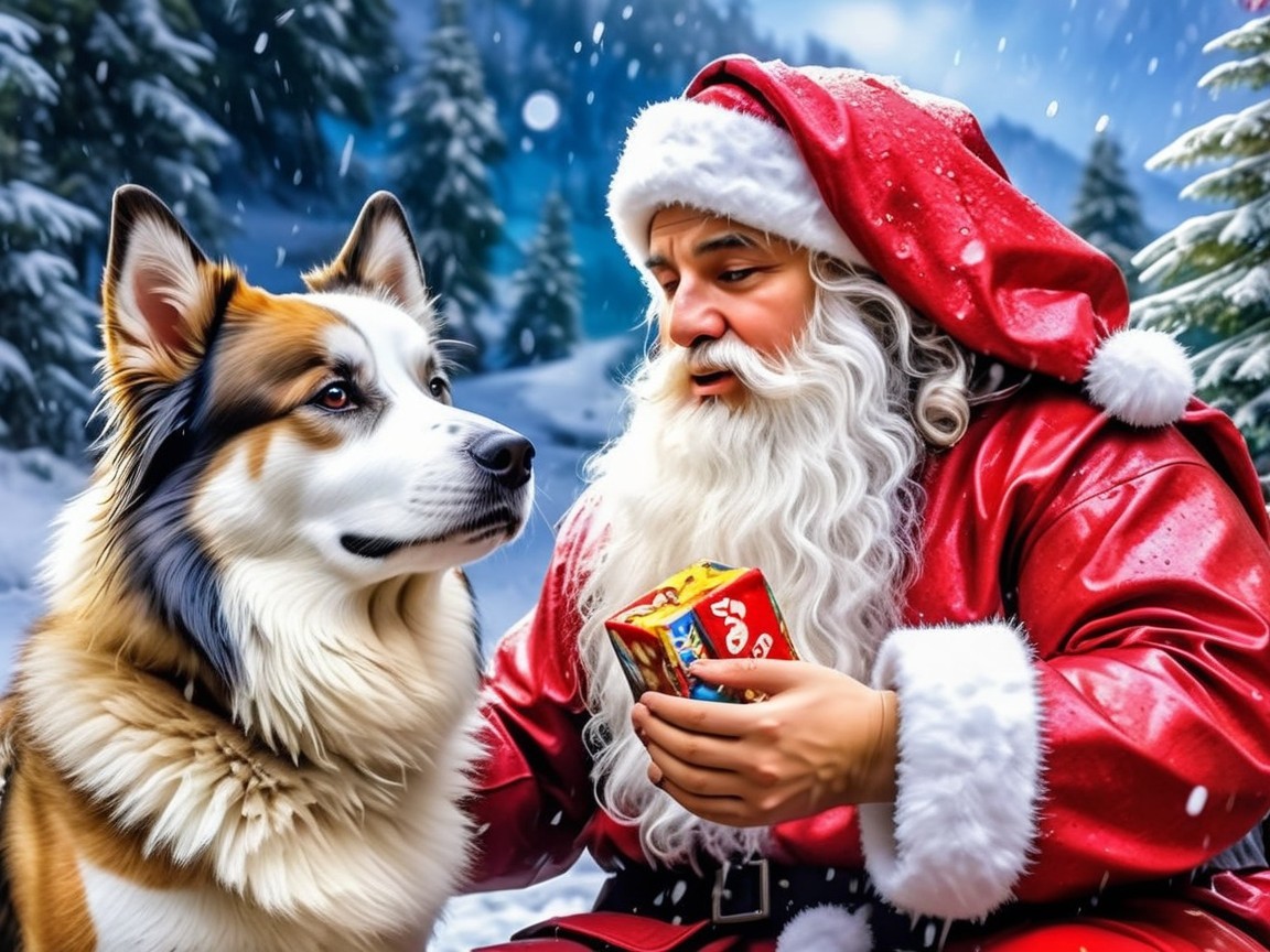 Santa Claus in Snowy Landscape with Gift Box and Dog