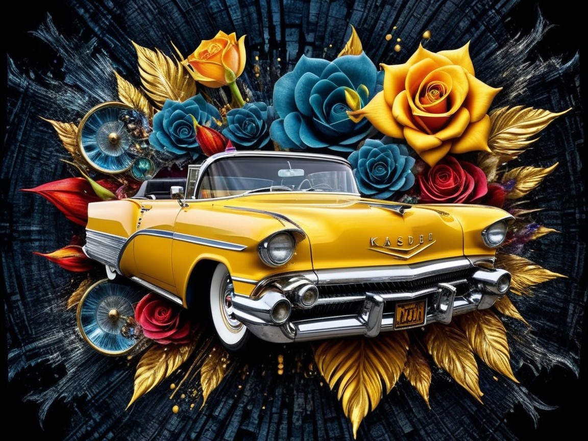 Vintage Yellow Convertible Surrounded by Colorful Roses