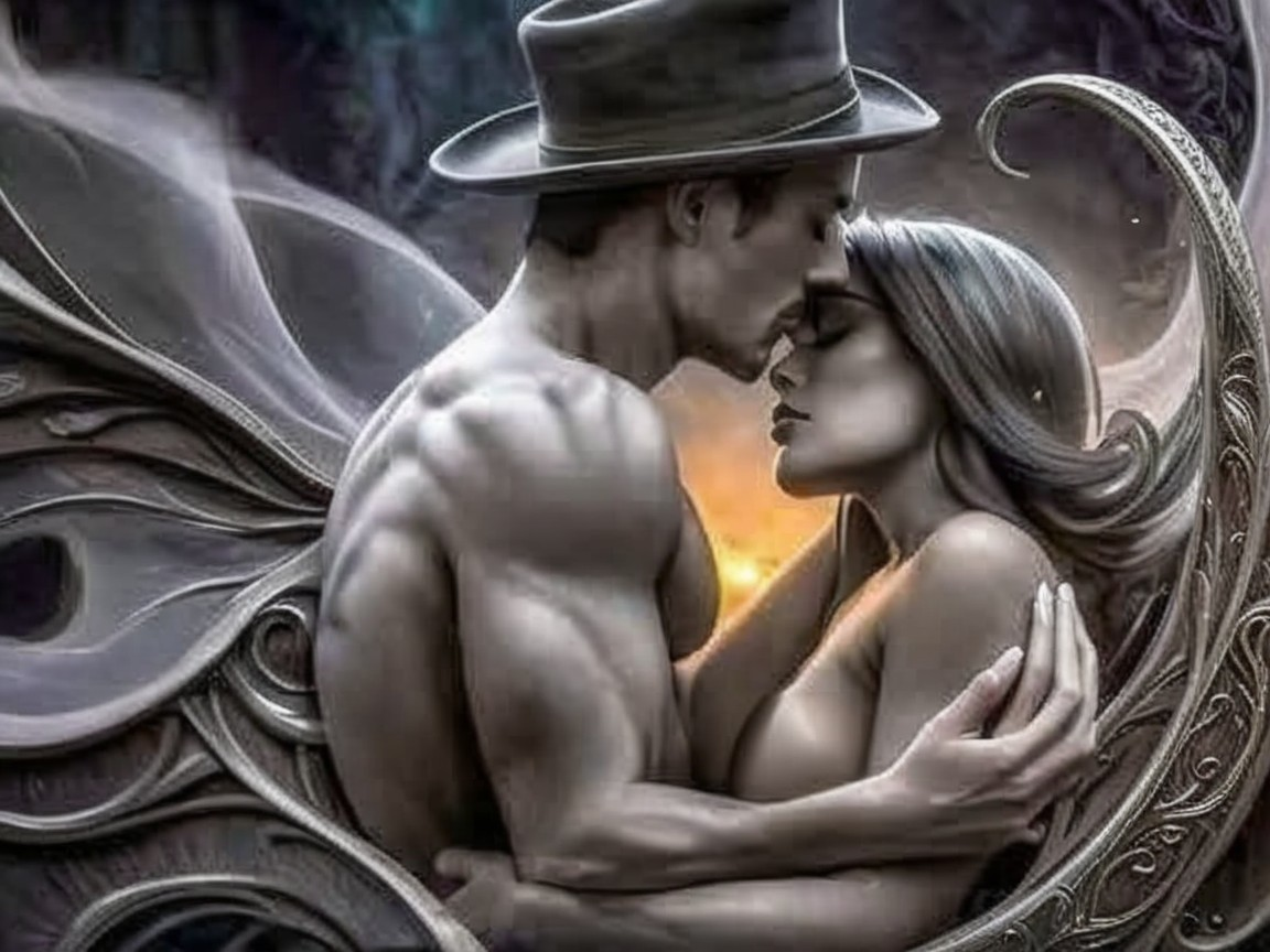 Mystical Embrace of Two Figures in Ethereal Setting