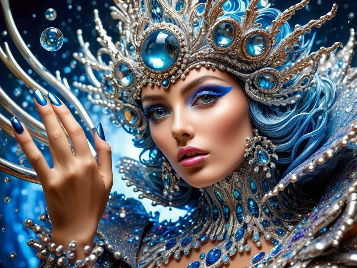 Portrait of a woman with jeweled crown and blue waves