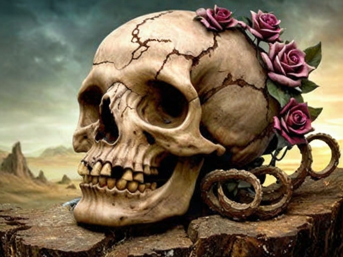 Realistic skull with pink roses on rugged surface