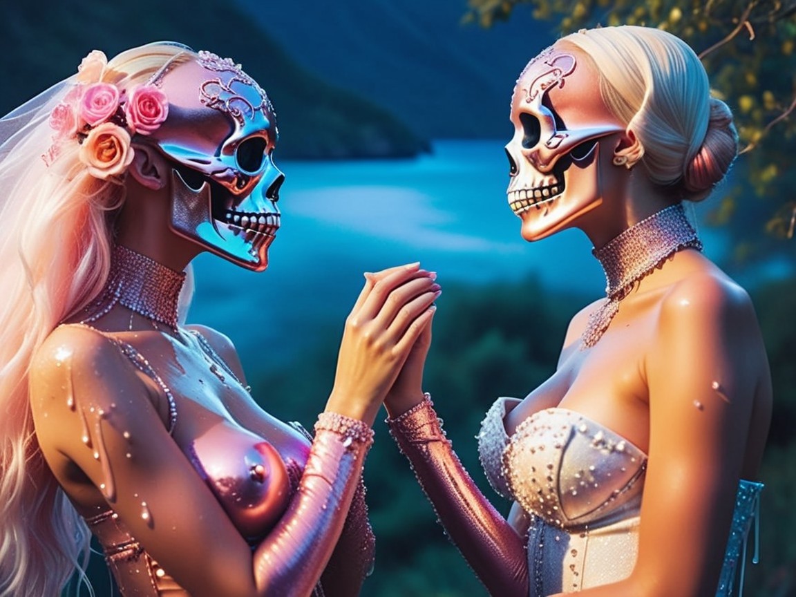 Figures in Ornate Masks by Serene Water Landscape