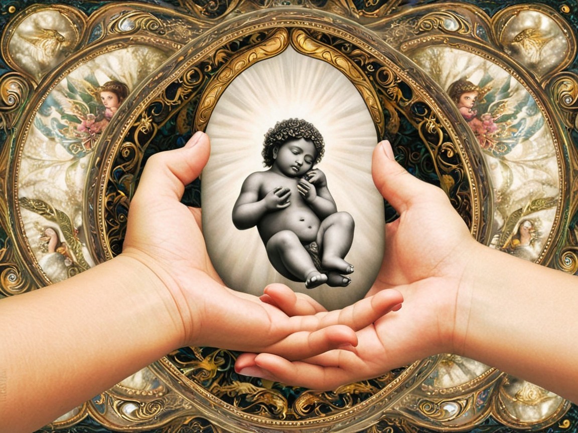 Cherubic Baby in Ornate Golden Frame with Patterns