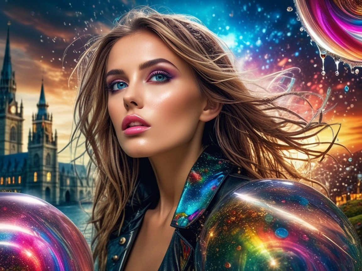 Elegant Woman in Cosmic Jacket Against Twilight Sky