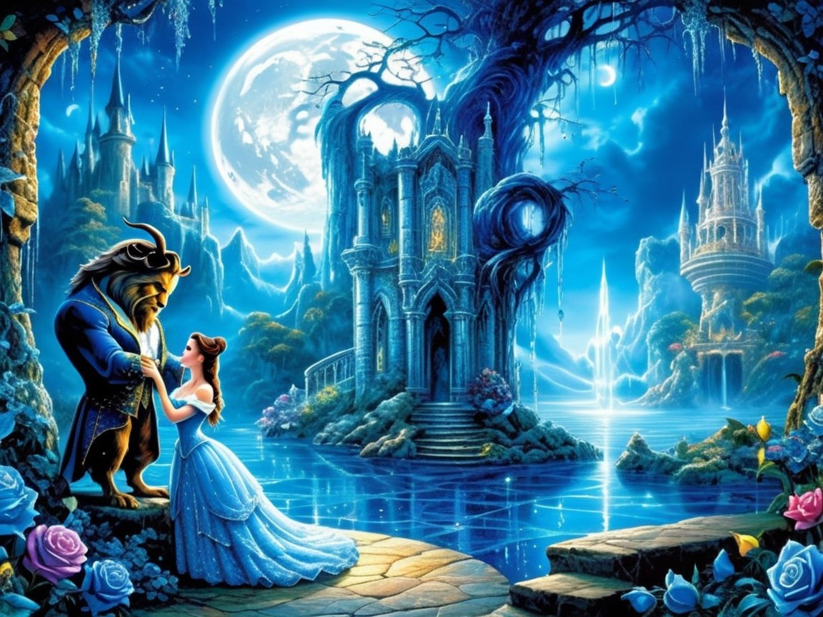 Princess in Blue Gown Dances with Noble Beast at Night