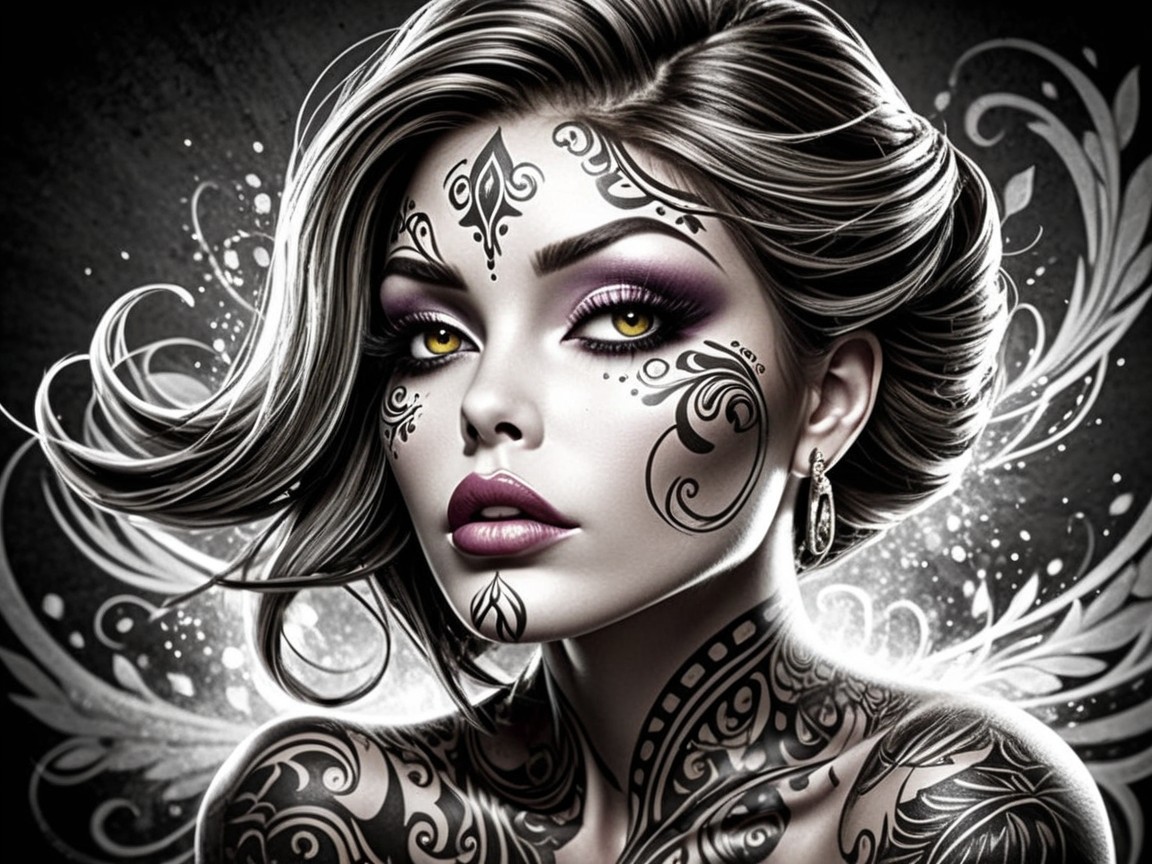 Portrait of a woman with tattoos and bold makeup