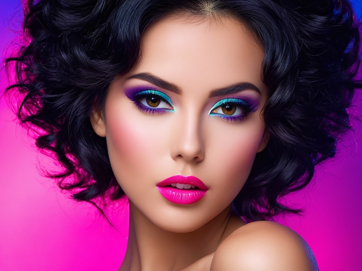 Portrait of a woman with curly hair and dramatic makeup