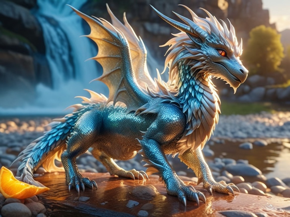 Majestic blue dragon by serene river and waterfall
