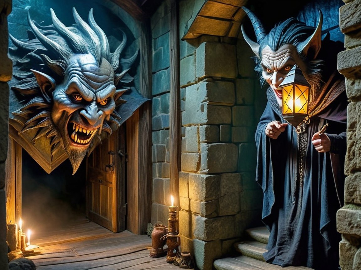 Menacing figure in a dimly lit stone corridor