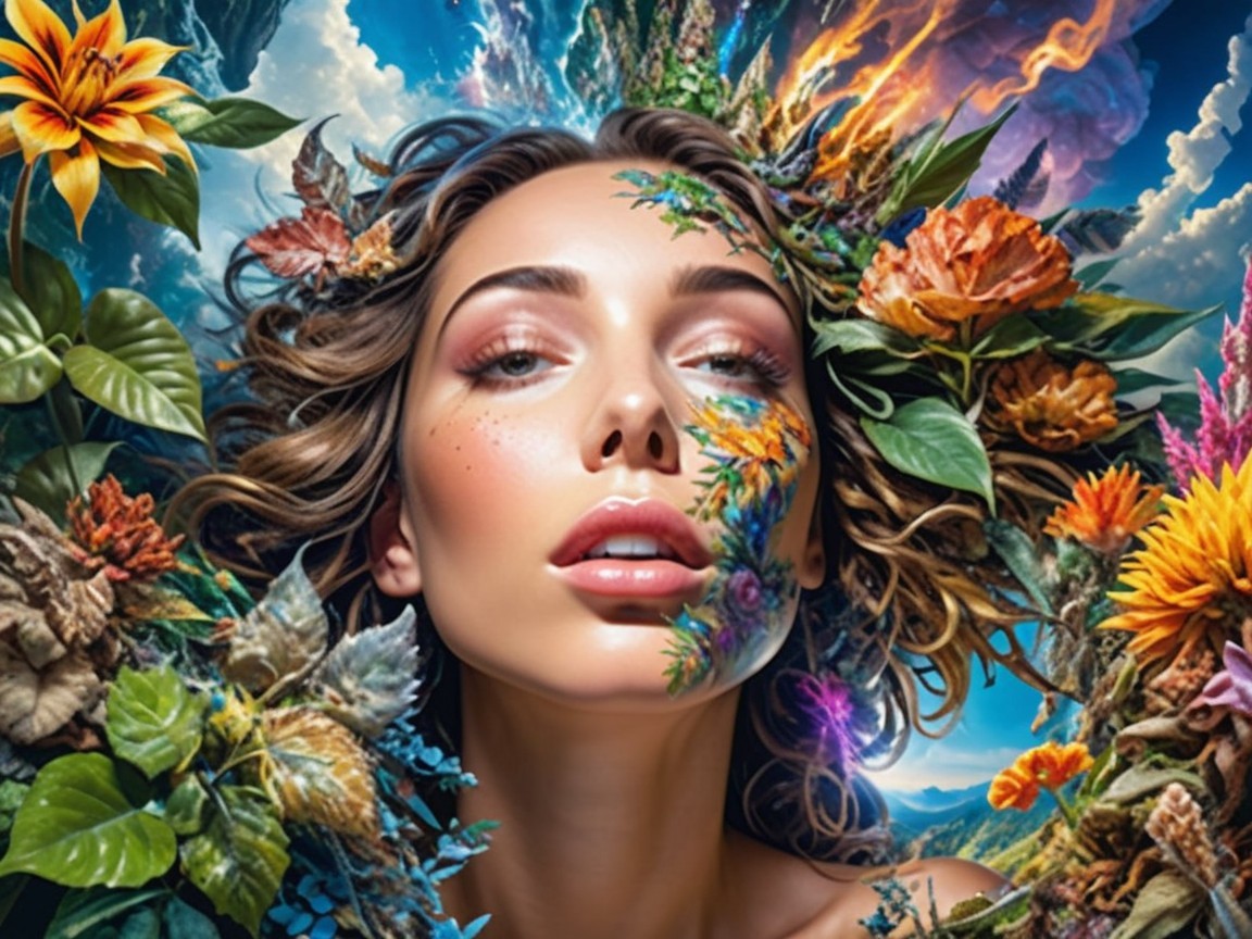 Portrait of a woman amidst vibrant flowers and foliage
