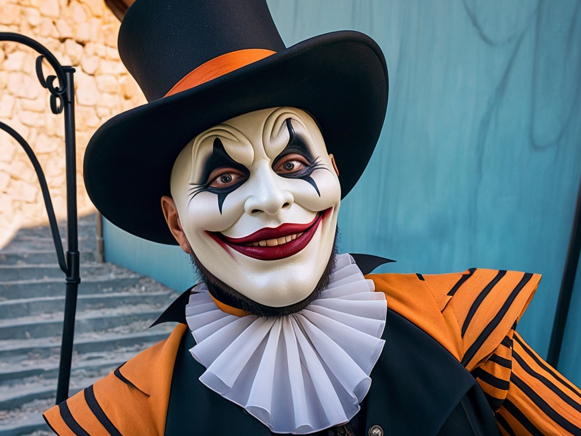 Whimsical character in striking outfit and dramatic makeup