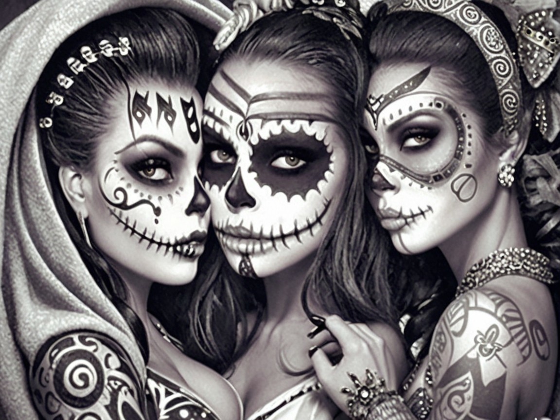 Women with Day of the Dead Makeup in Black and White