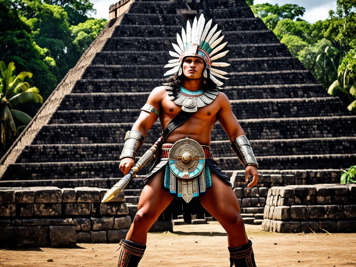 Muscular Warrior in Armor Before Majestic Pyramid
