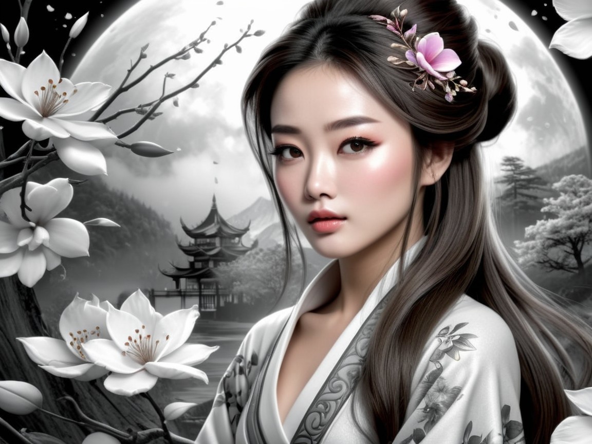 Ethereal Woman in Traditional Garment by Full Moon