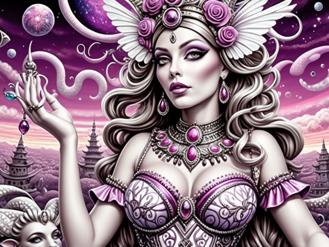 Regal woman in flowing gown and intricate jewelry