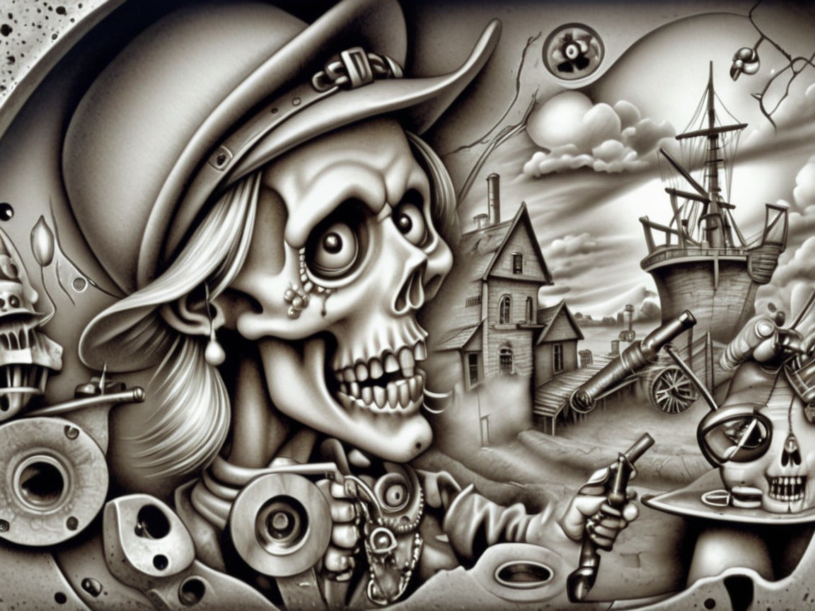 Stylized skeleton with cowboy hat and vintage watch
