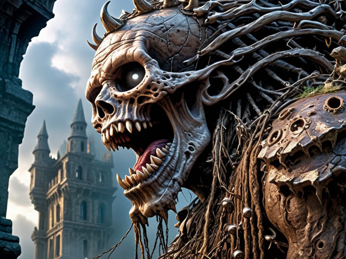 Grotesque Skeletal Figure with Mechanical Elements