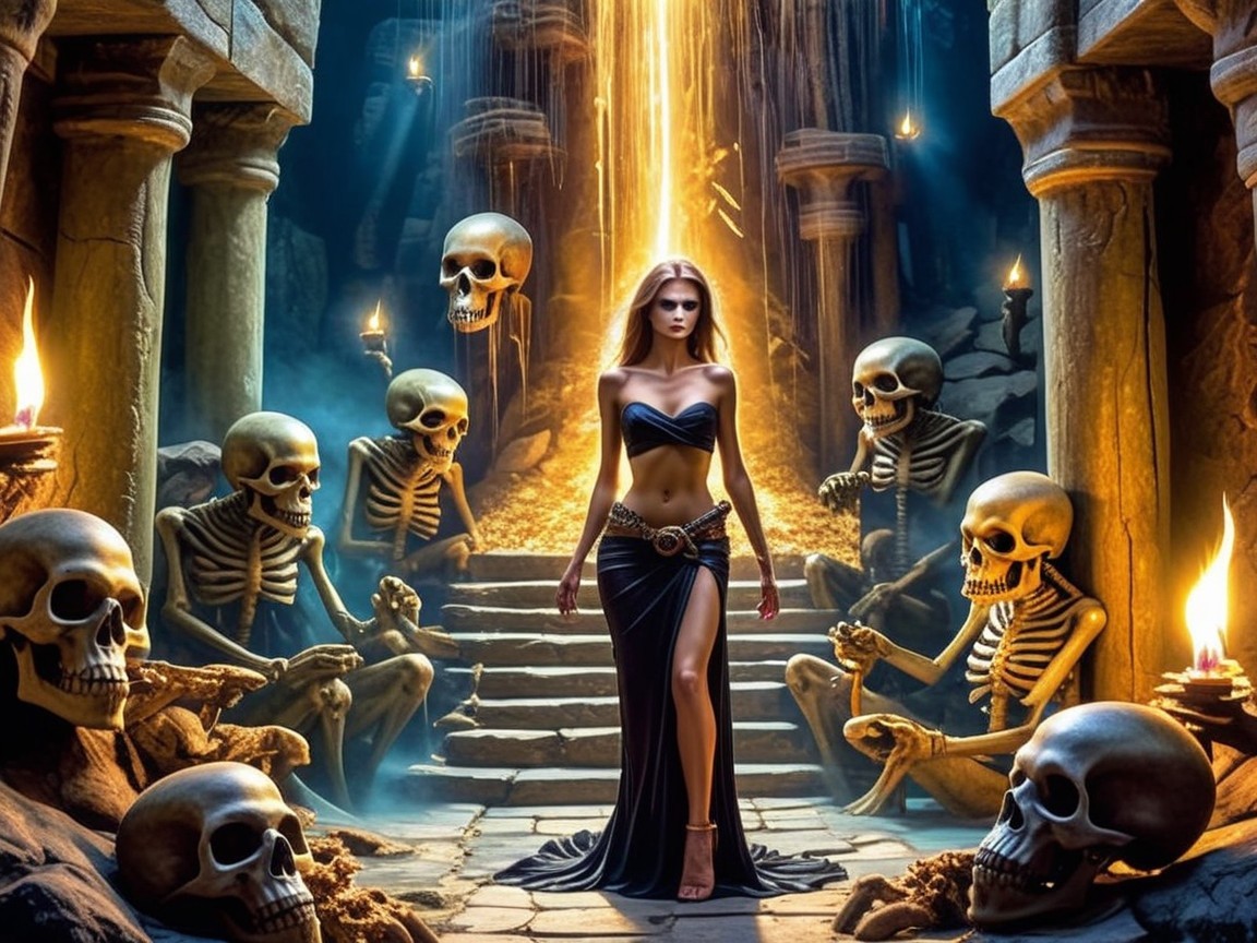 Woman in Black Dress in Ancient Chamber with Skeletons