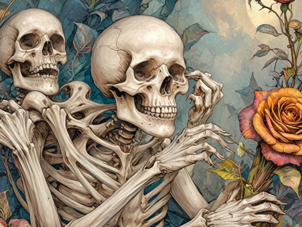 Intricate Skeletons with Rose in Ethereal Colors