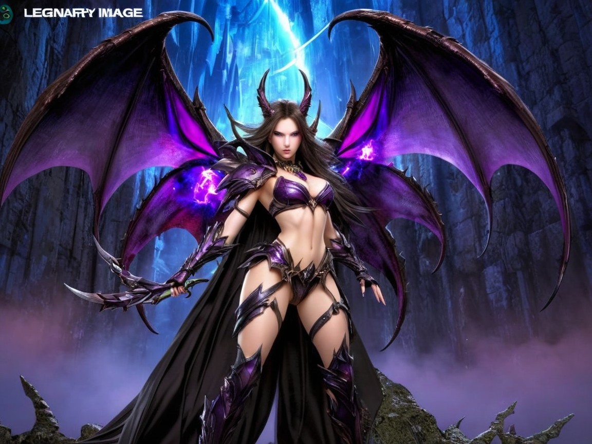 Female Warrior in Dark Armor with Mystical Wings