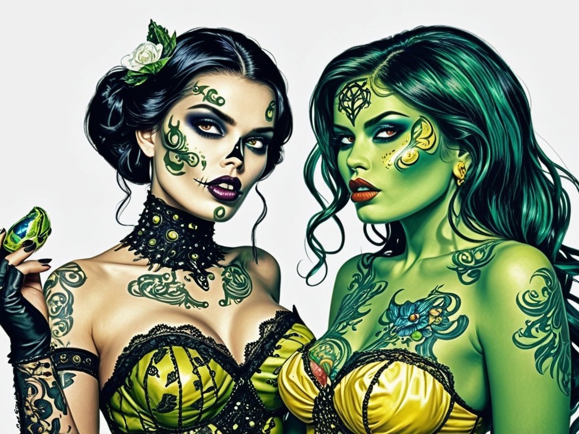 Women with Intricate Tattoos and Matching Outfits