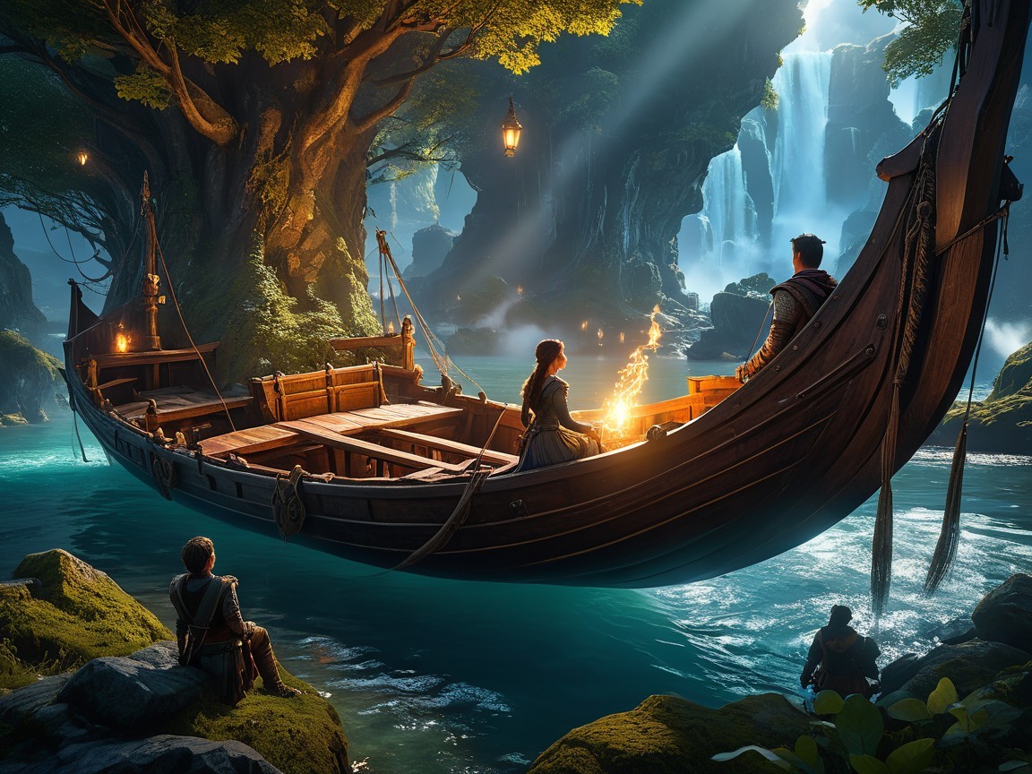 Wooden Boat in Mystical Forest with Waterfall Scene