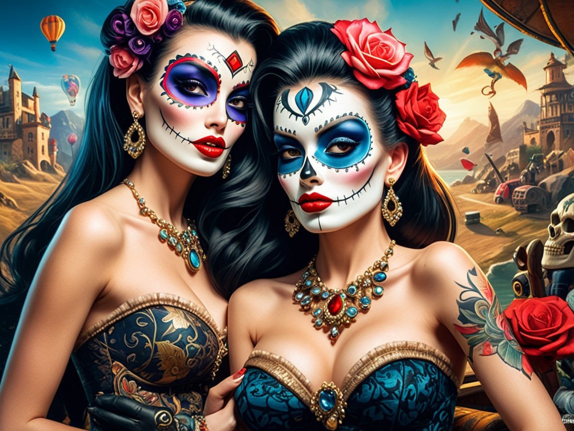 Elegant Women with Sugar Skull Makeup for Day of the Dead